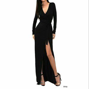 NEW Black Long Sleeve Faux Wrap Sleeve Maxi Dress